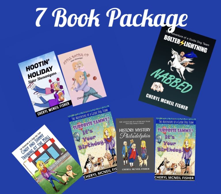 7 Book Package Includes: Cindy and Sammy Training at the Mall, Cindy and Sammy Meet New Friends at the Zoo, Surprise Sammy! It’s Your Birthday!, History Mystery in Philadelphia, Apple Batter-Up, Hootin’ Holiday and Bolter Lightning in Nabbed. Go to individual books to hear Alt Description for each cover. 7 Book Package = $55 a $79 Value